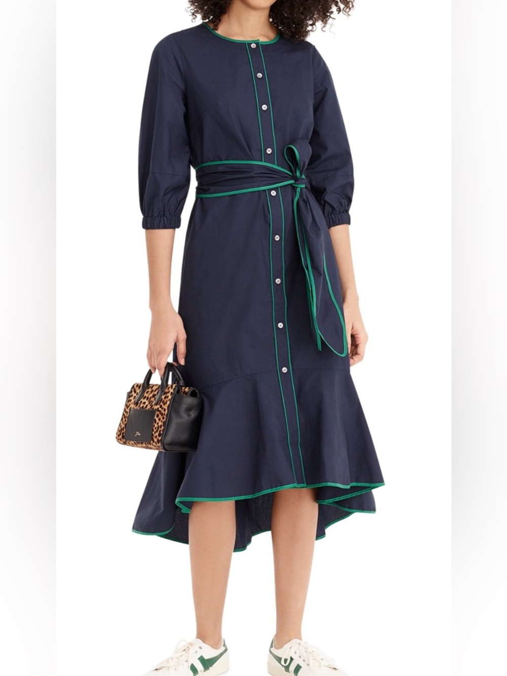 Navy Blue Button-Front Midi Dress with Green Trim
